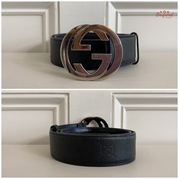 Authentic Gucci Black Guccissima Leather Silver Interlocking G Buckle Belt 85/34 - Picture 3 of 13